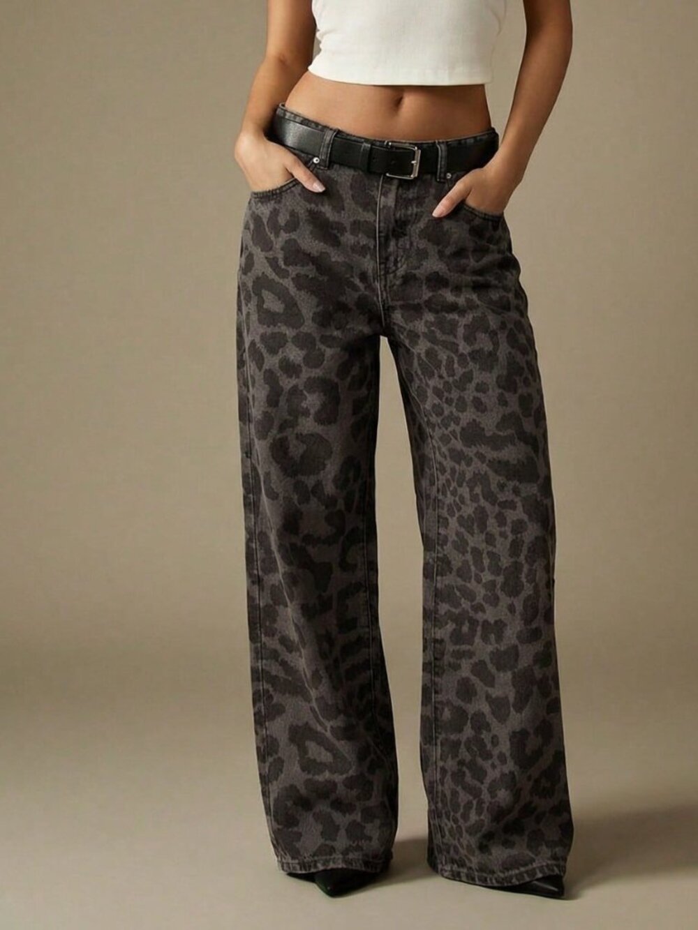 Grey Casual Women's Mid Rise Baggy Leopard Print Denim Wide Leg Jeans - Picture 5 of 6